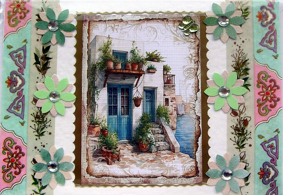 Spanish Holiday Villa Scene - Hand Crafted 3D Decoupage Card - Blank 2783