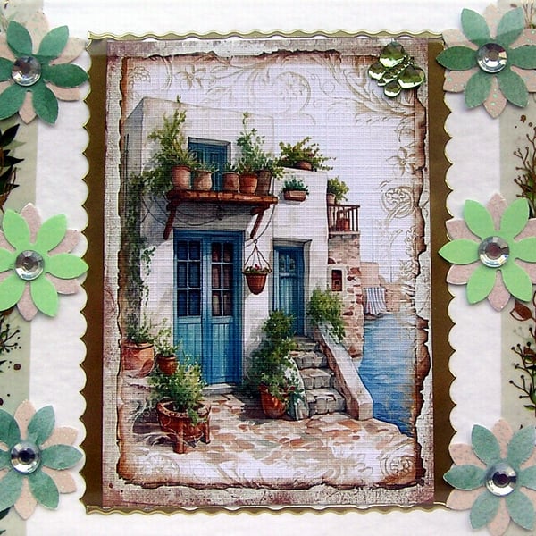 Spanish Holiday Villa Scene - Hand Crafted 3D Decoupage Card - Blank 2783