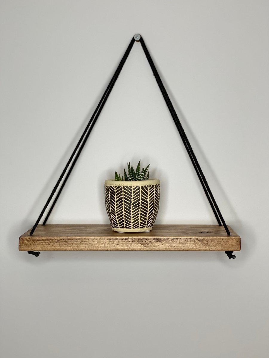 Hanging Wooden Shelf Black Cord Rope Jute Rustic Shelf Unique Shelf Dining Bedro