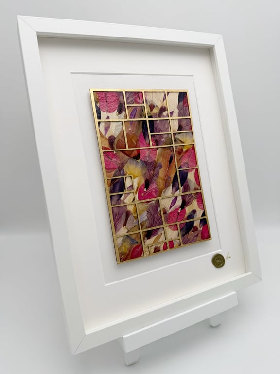 Original Framed Pressed Flower Art with Gold Leaf - Glorieta Garden - Geometric 
