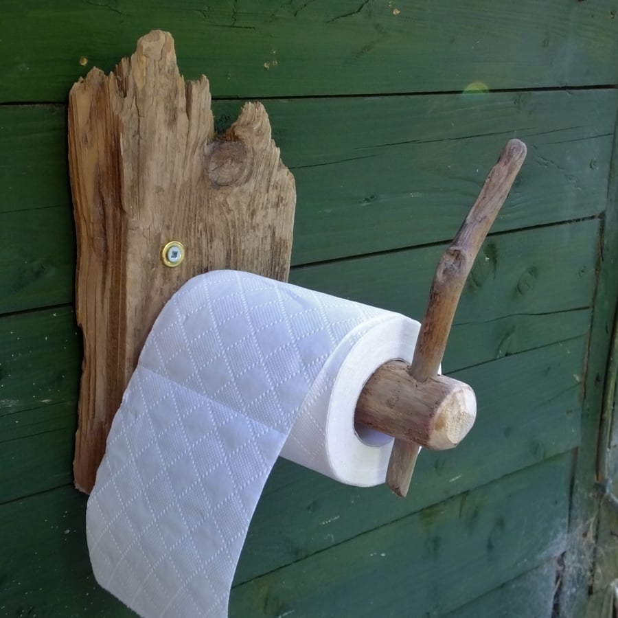 Toilet roll holder for bathroom or toilet rustic & natural made from driftwood.