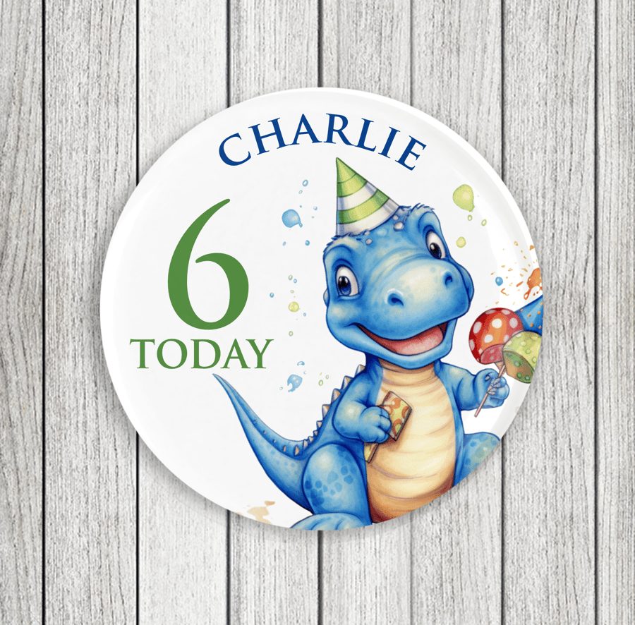 Blue Dinosaur Birthday Pin Badge: Personalised Party Favor (58mm)