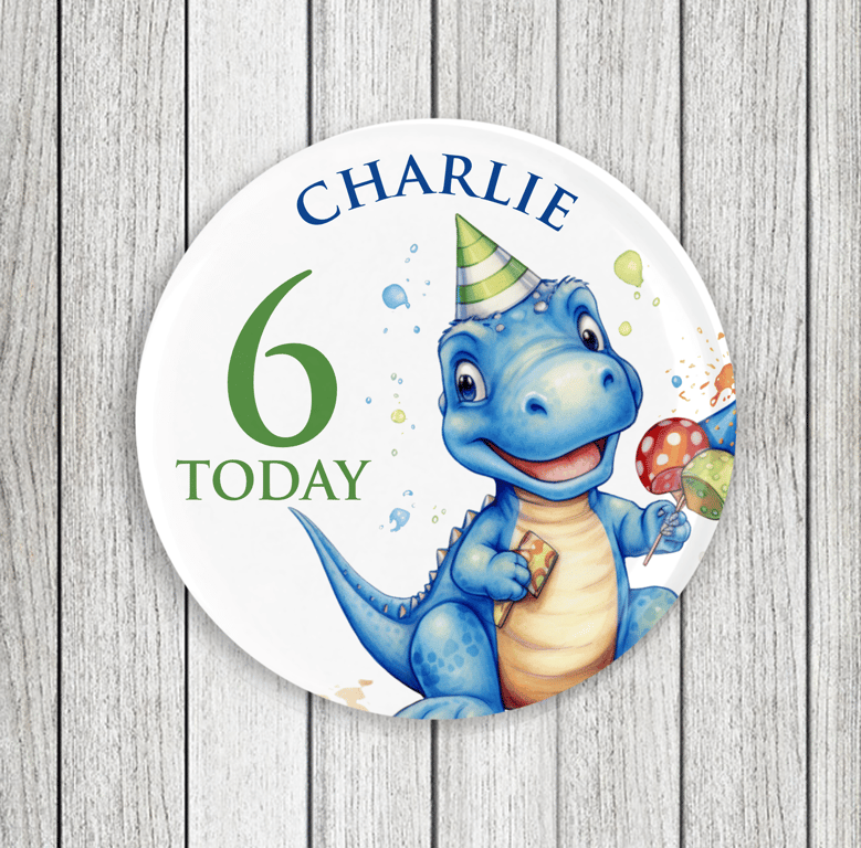 Blue Dinosaur Birthday Pin Badge: Personalised Party Favor (58mm)