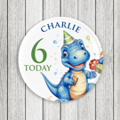 Blue Dinosaur Birthday Pin Badge: Personalised Party Favor (58mm)