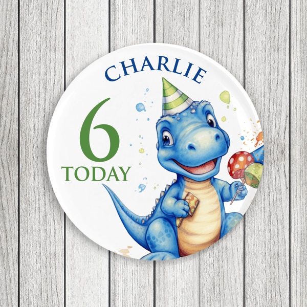 Blue Dinosaur Birthday Pin Badge: Personalised Party Favor (58mm)