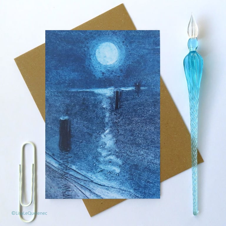 Artist card moon over the sea from an original collagraph print cello free