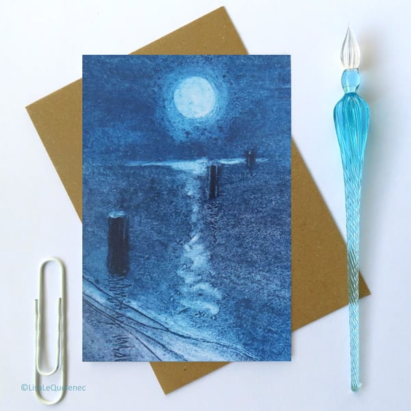 Artist card moon over the sea from an original collagraph print cello free