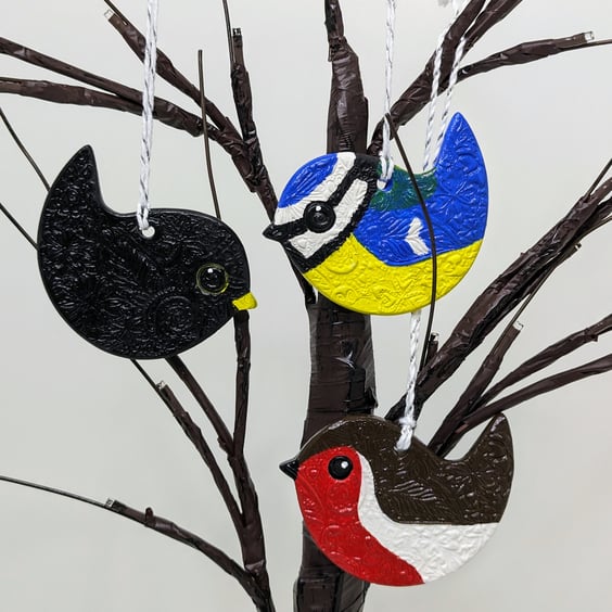 Garden birds, clay hanging decorations - robin, bluetit and blackbird set