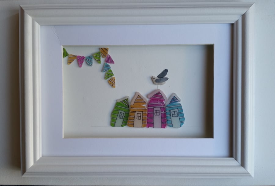 Sea Glass Art, Beach Huts and Bunting with a Sea Glass Seagull