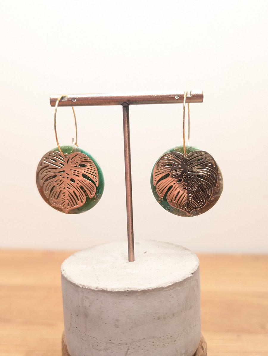 Green earthy agate monstera hoop earrings