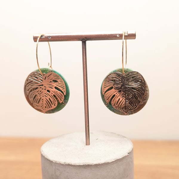 Green earthy agate monstera hoop earrings