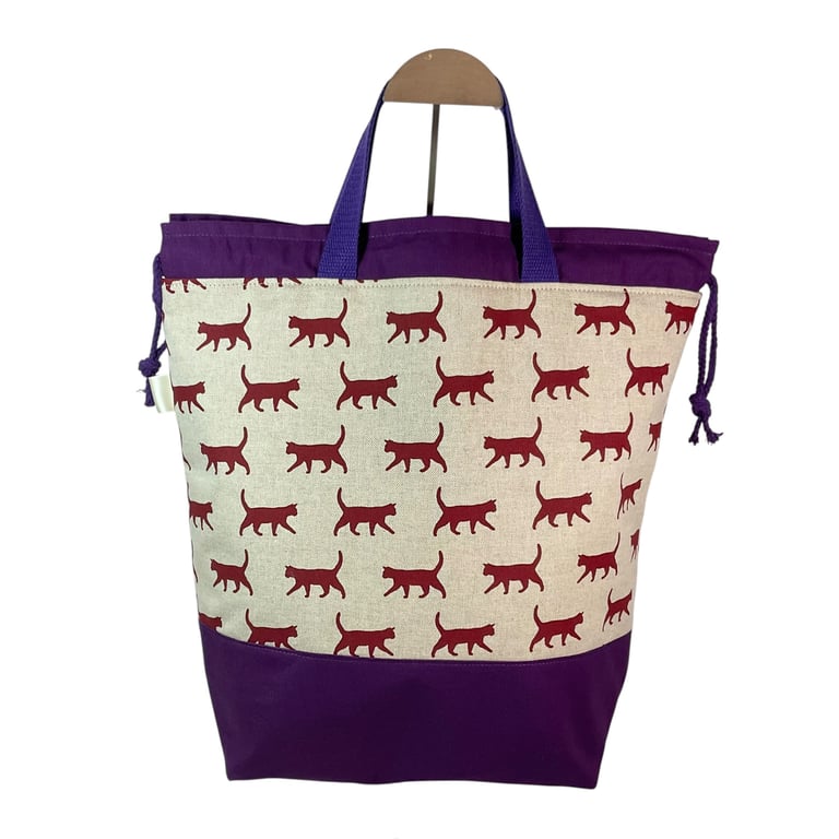 Extra Large drawstring knitting bag with cat print, multi pockets project bag