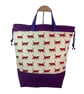 Extra Large drawstring knitting bag with cat print, multi pockets project bag