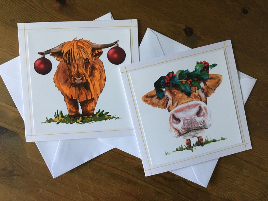 Cute Cow and Highland Cow Christmas Cards