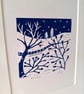 An original handprinted linoprint of a dark blue winter scene.  - Image 5