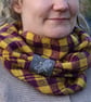 Hand woven unisex check cowl in yellow and purple with an embroidered dragonfly - Image 5