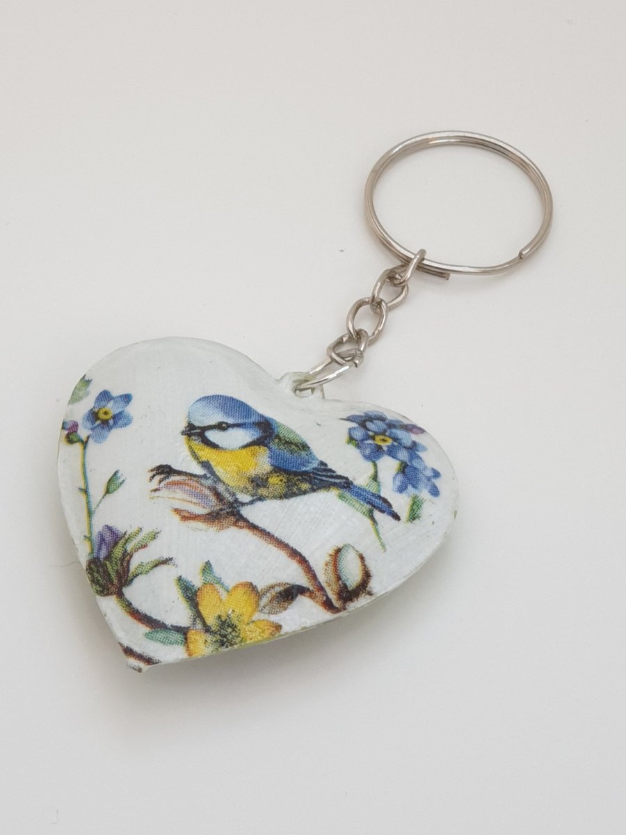 Bluetit keyring, decoupaged metal heart keyring, bird lover gift 