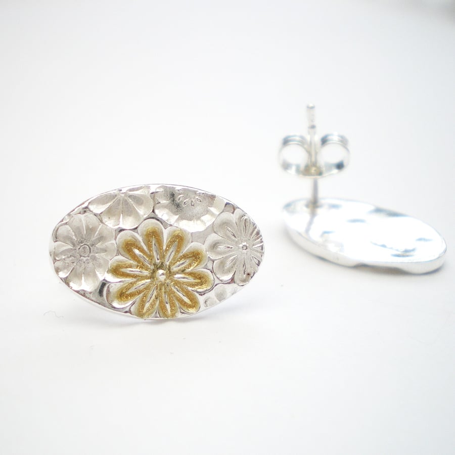 Silver and Gold Floral Oval Stud Earrings
