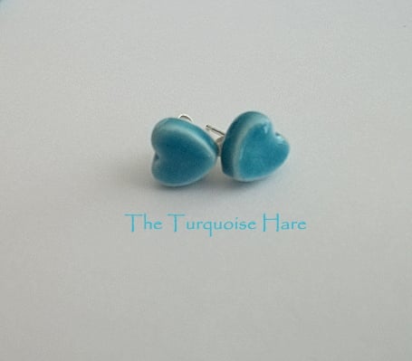 Tiny turquoise ceramic heart stud earrings sterling silver posts and scolls