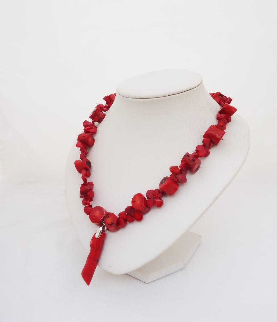 Red Coral Necklace with Pendant Chunky Red Cor Folksy