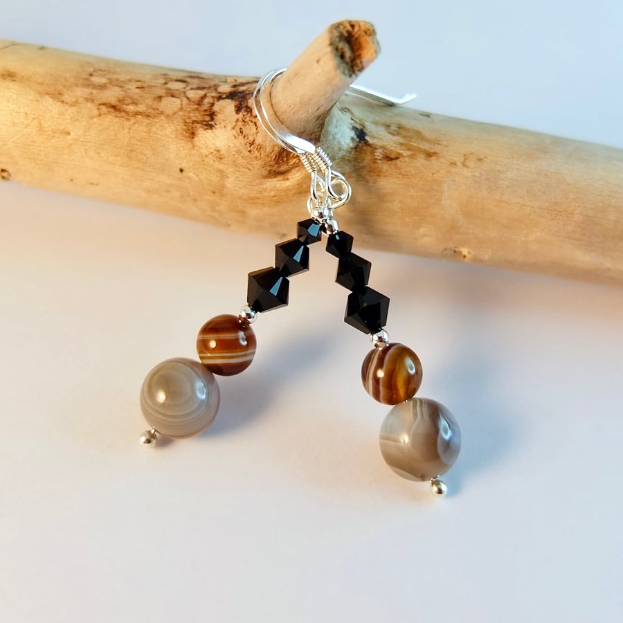Banded Agate Earrings, Crystals, Silver - Handmade Gift, Birthday, Gemini, June