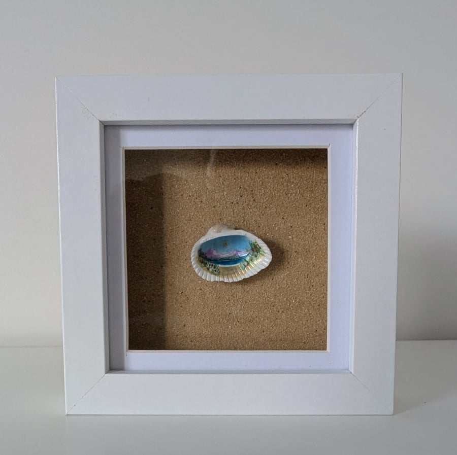 Mountains by the Sea Original Shell Painting Framed