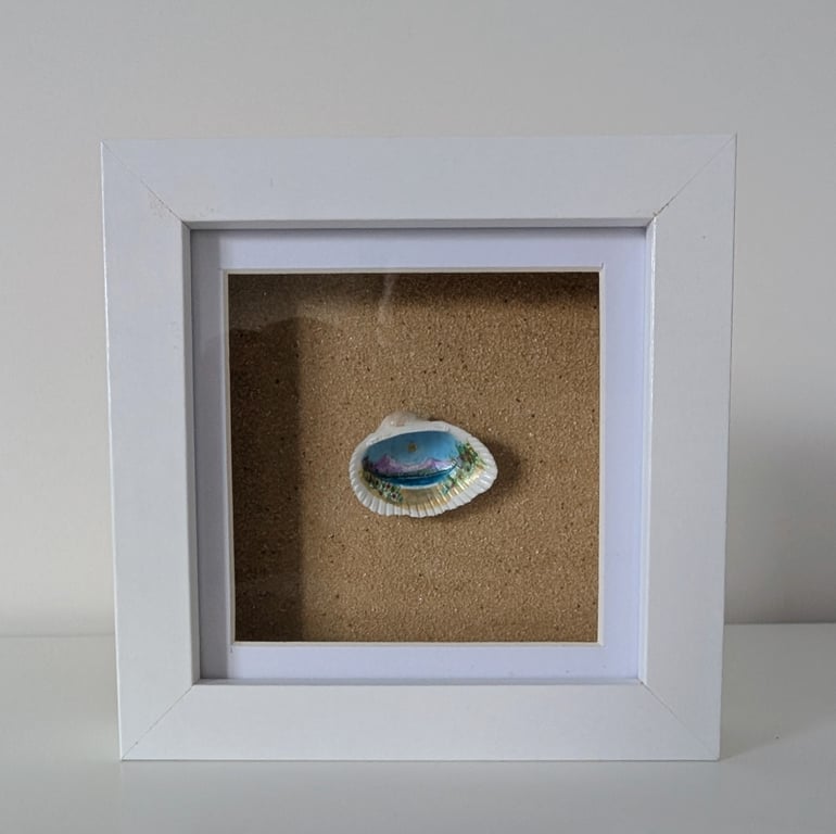 Mountains by the Sea Original Shell Painting Framed