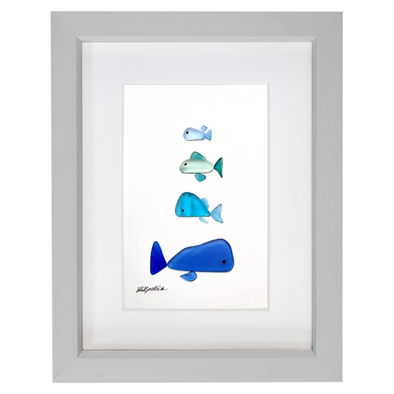 Shoal of Fish - Sea Glass Picture - Framed Unique Handmade - Sea Glass Art