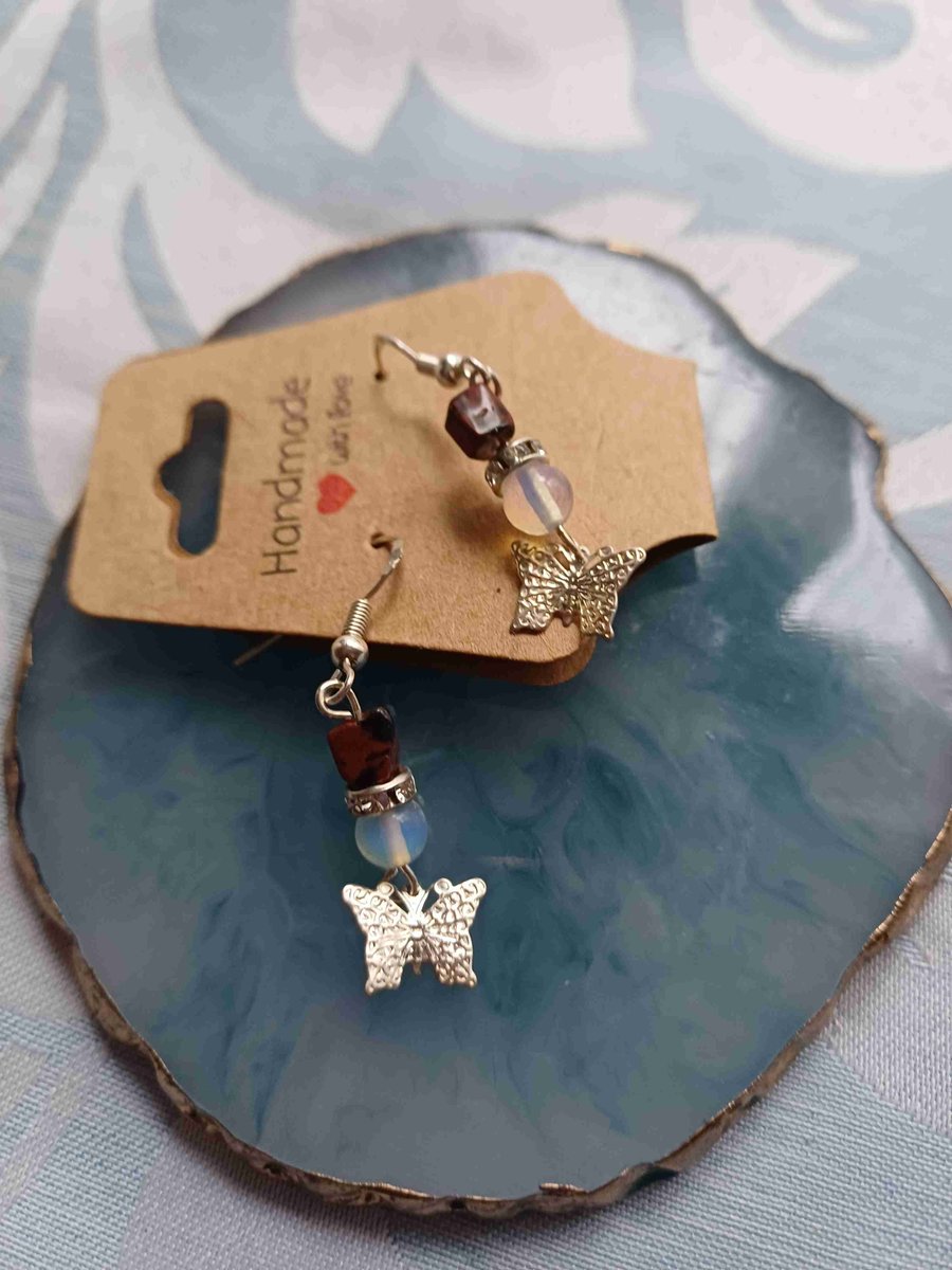 Tigers eye and butterfly dangle drop earrings 