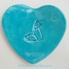Heart shaped ceramic dish impressed with a fox and heart - Turquoise