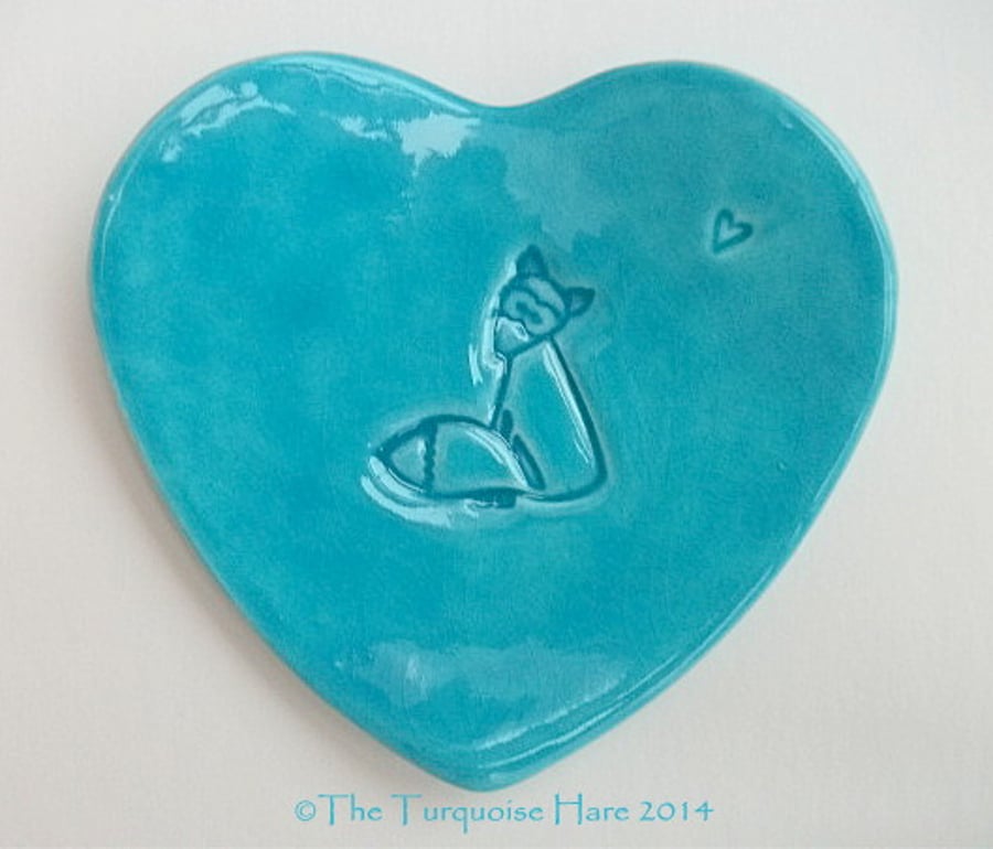 Heart shaped ceramic dish impressed with a fox and heart - Turquoise