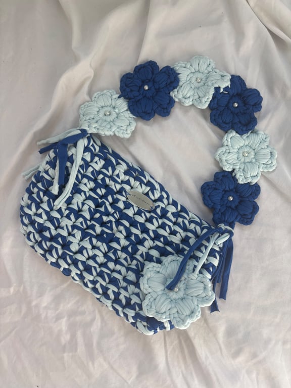 Handmade Crochet Shoulder Bag - Two Toned Blue - Floral Flower Strap 