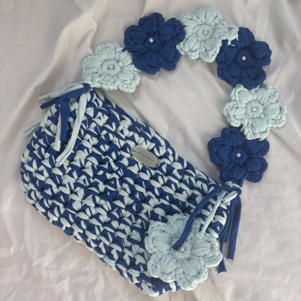 Handmade Crochet Shoulder Bag - Two Toned Blue - Floral Flower Strap 