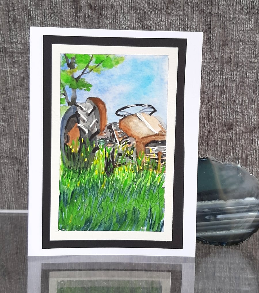 Rusty Farm Tractor. Handpainted Blank Card. Birthday, Anniversary