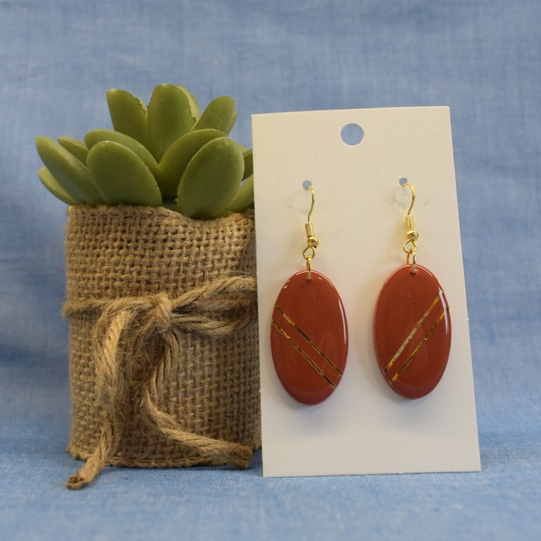 Oval Earrings with Gold Stripes