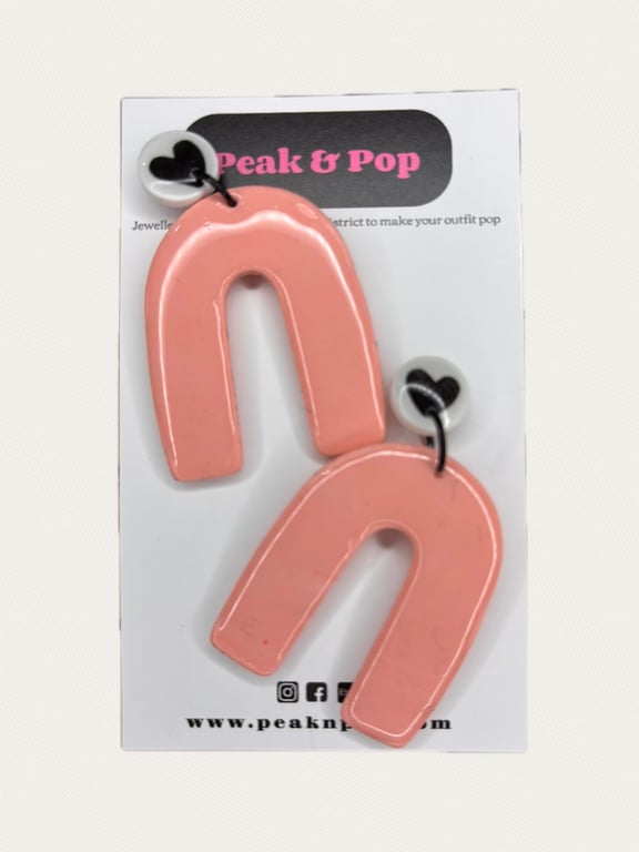 Pink Arch Earrings with Black Heart Stud Tops – Handmade Polymer Clay Statement 