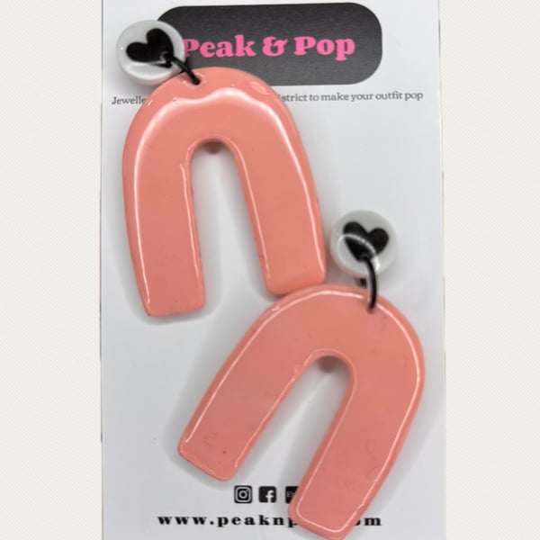 Pink Arch Earrings with Black Heart Stud Tops – Handmade Polymer Clay Statement 