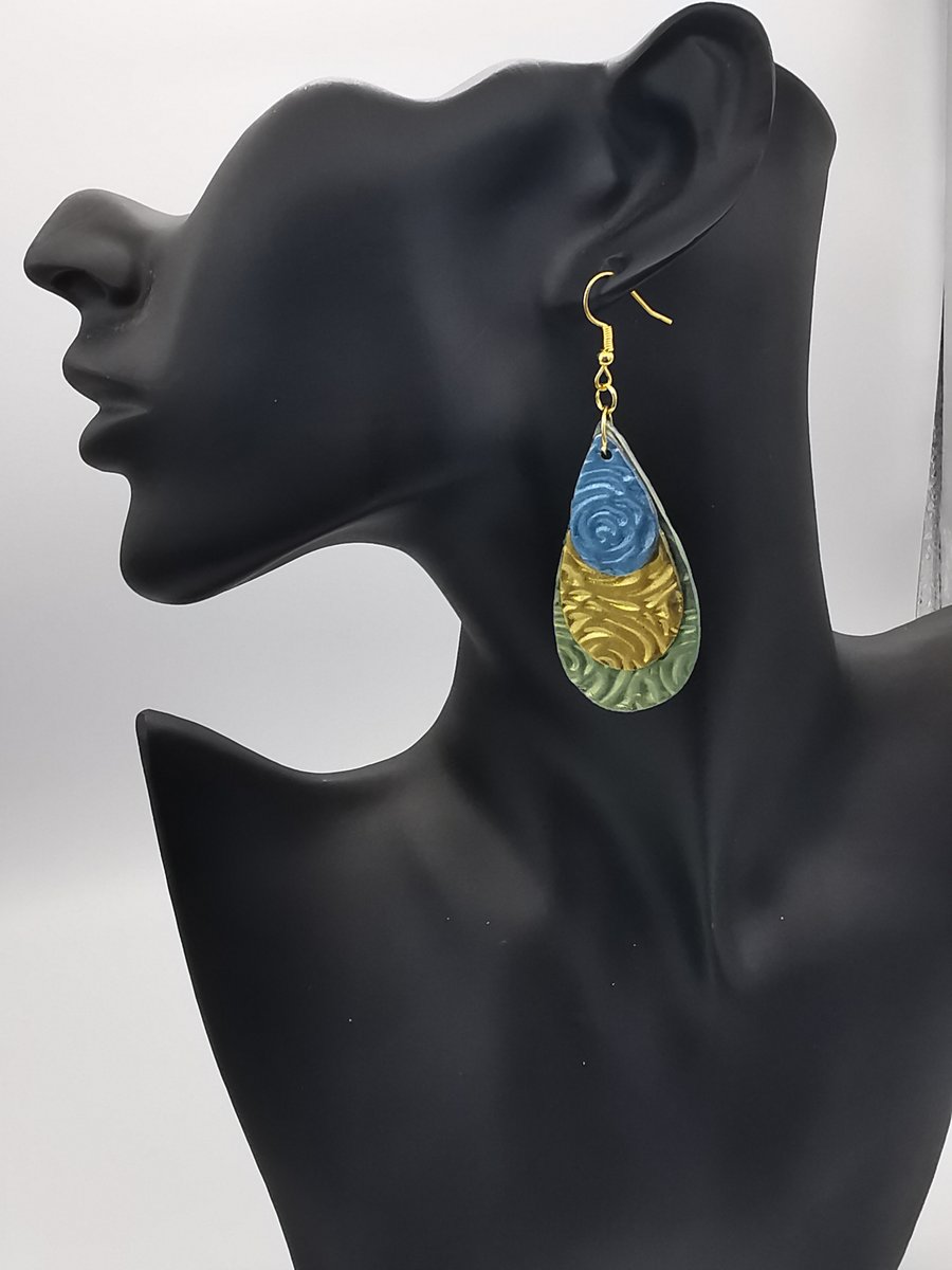 Teardrop Layered, Statement Earrings with Blue, Green and Gold Metallic Finish. 