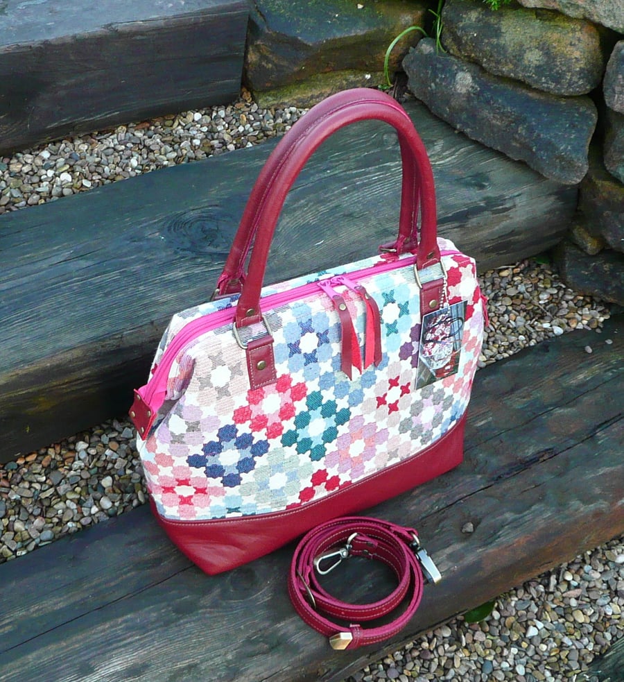 Granny square crochet tapestry handbag wire frame zip top red leather handbag