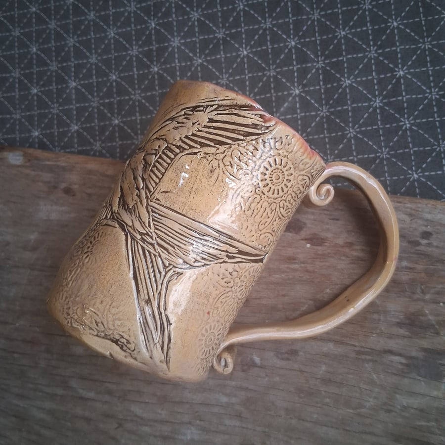 swallow linocut coffee mug ceramic pottery tea cup in pink and apricot