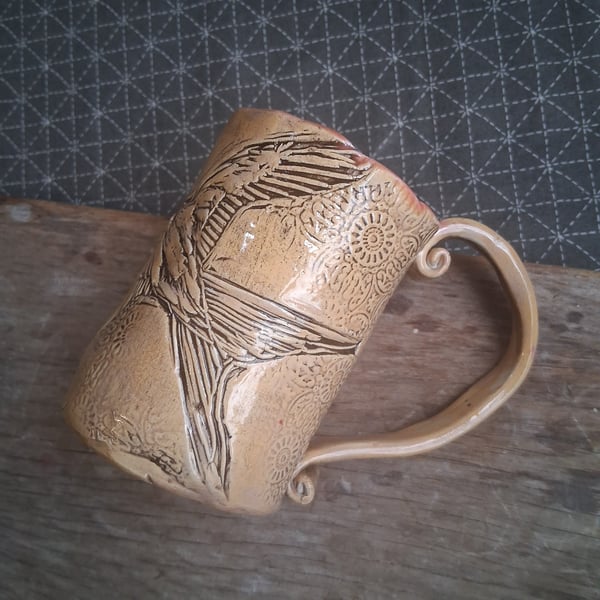 swallow linocut coffee mug ceramic pottery tea cup in pink and apricot