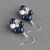 Silver and Navy Earrings - Midnight Blue, Dangly Drop, Pearl Cluster Earrings