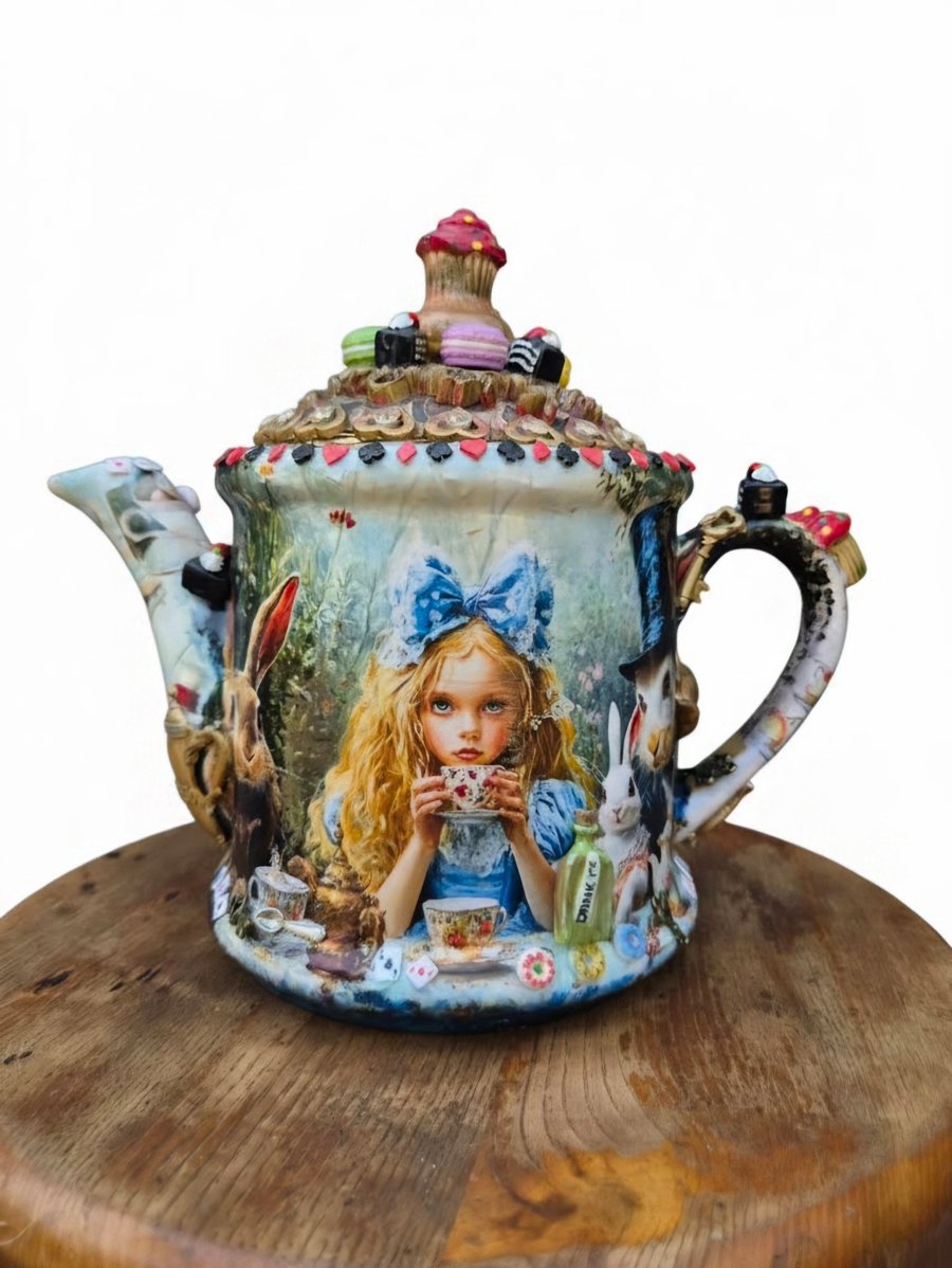 Upcycled Alice in Wonderland Teapot Set - Mad Hatter Tea Party Decor