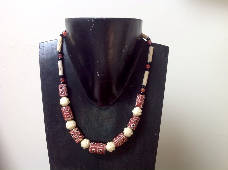 Antique Venetian trade beads necklace with bone and red marl beads Extendable 