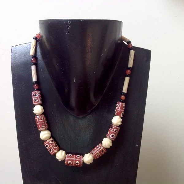 Antique Venetian trade beads necklace with bone and red marl beads Extendable 