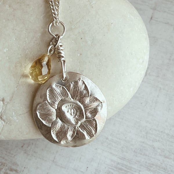 Sterling silver pendant with mini daffodill and citrine charm on a silver chain