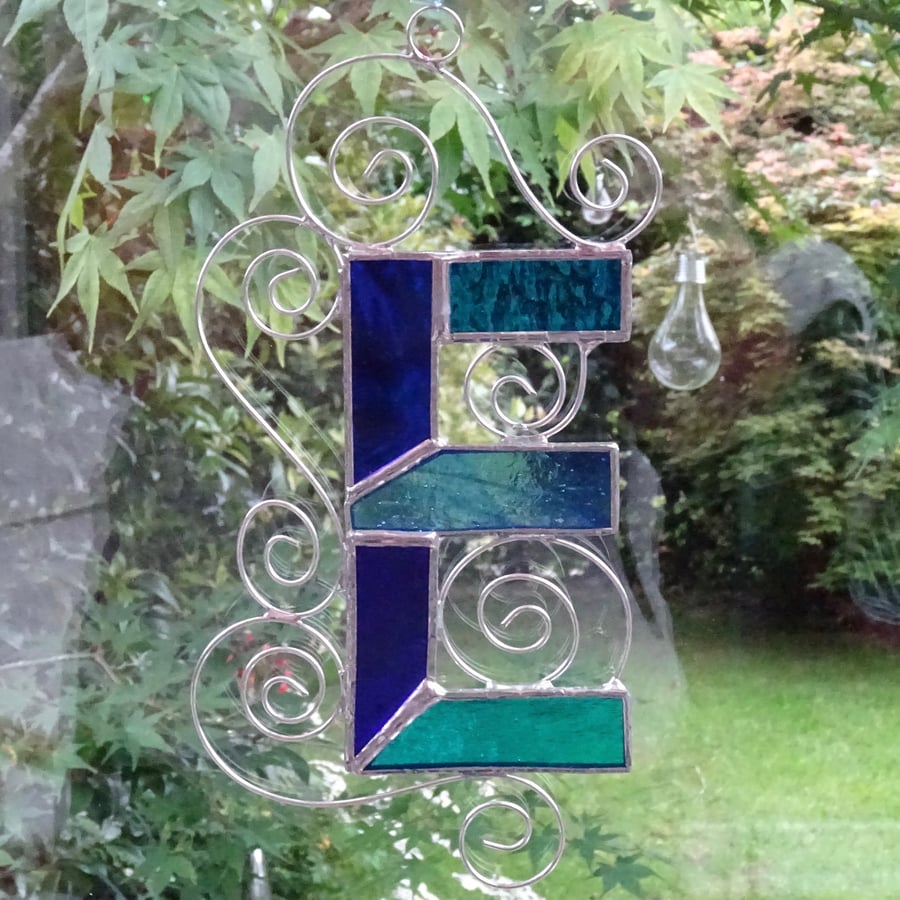Stained Glass Letter E Suncatcher - Blue and Turquoise