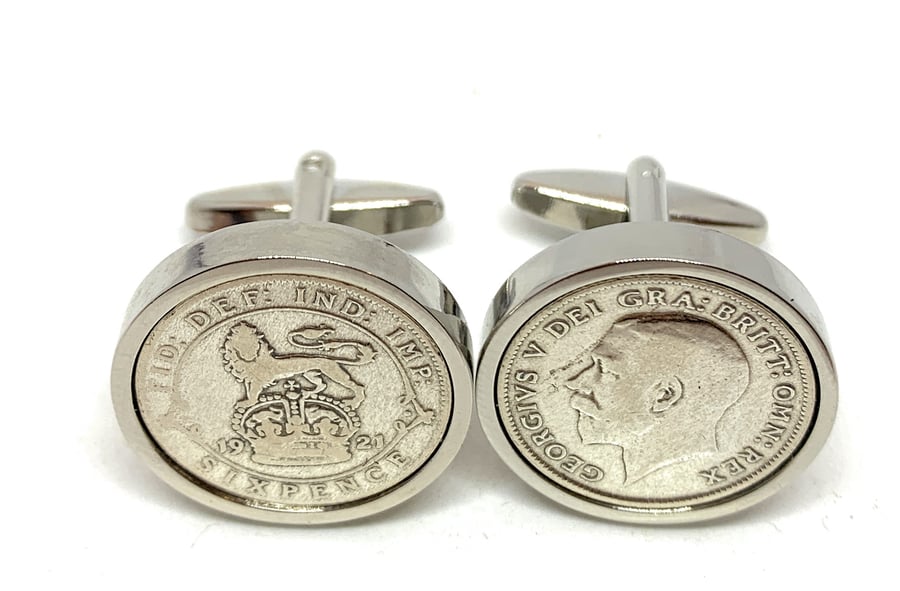 1921 Sixpence Cufflinks 104th birthday. Original sixpence coins Great gift 