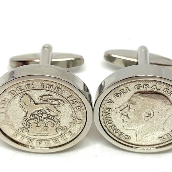 1921 Sixpence Cufflinks 103rd birthday. Original sixpence coins Great gift 