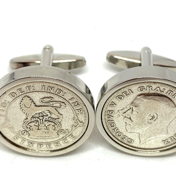 1921 Sixpence Cufflinks 104th birthday. Original sixpence coins Great gift 
